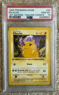 1999 Pokemon FIRST EDITION SHADOWLESS PSA GEM MT 10 PIKACHU YELLOW CHEEKS 58/102 - Image 1