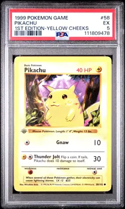 1999 POKEMON BASE SET 1ST EDITION-YELLOW CHEEKS #58 PIKACHU PSA 5 - Image 1