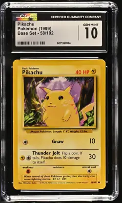 CGC 10 GEM MINT Pikachu 1999 Base Set 58/102 Pokemon Card - Image 1