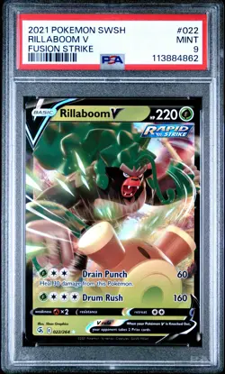 2021 POKEMON SWORD & SHIELD FUSION STRIKE #022 RILLABOOM V PSA 9 - Image 1