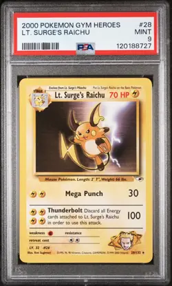 28/132 Lt. Surge's Raichu 2000 Pokemon Gym Heroes PSA 9 - Image 1