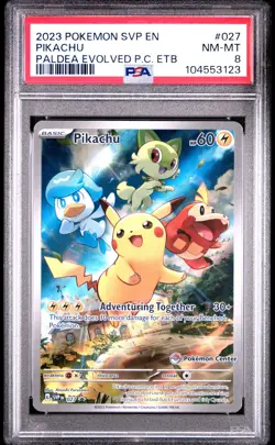 2023 POKEMON PALDEA EVOLVED POKEMON CENTER ETB PROMO SVP #027 PIKACHU PSA 8 - Image 1