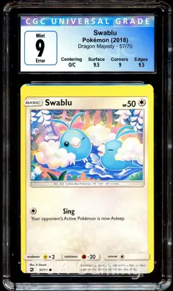 CGC 9 MINT Swablu 57/70 ERROR MISCUT Dragon Majesty Pokemon Card 011 - Image 1