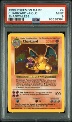 1999 Pokemon Game #4 Shadowless Charizard Holo PSA 9 MINT - Image 1