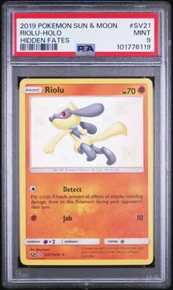 2019 POKEMON SUN & MOON HIDDEN FATES #SV21 RIOLU-HOLO PSA 9 - Image 1