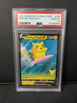 2021 POKEMON CELEBRATIONS #008 SURFING PIKACHU V PSA 10 GEM MINT - Image 1