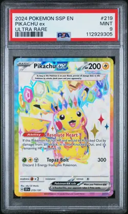 2024 POKEMON SSP EN-SURGING SPARKS ULTRA RARE #219 PIKACHU EX PSA 9 - Image 1