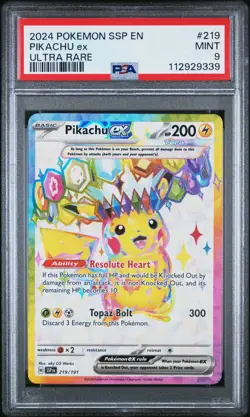 2024 POKEMON SSP EN-SURGING SPARKS ULTRA RARE #219 PIKACHU EX PSA 9 - Image 1