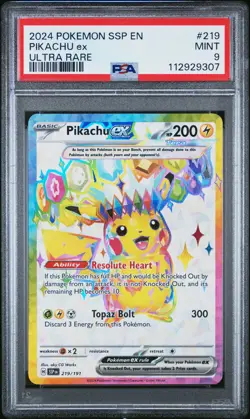 2024 POKEMON SSP EN-SURGING SPARKS ULTRA RARE #219 PIKACHU EX PSA 9 - Image 1