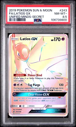 2019 POKEMON SUN & MOON UNIFIED MINDS SECRET #243 FULL ART/LATIOS GX PSA 8.5 - Image 1