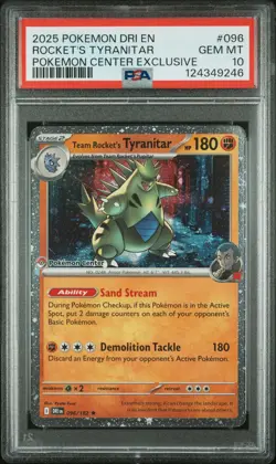 2025 POKEMON DESTINED RIVALS POKEMON CENTER #096 TEAM ROCKET'S TYRANITAR PSA 10 - Image 1