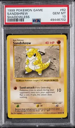 1999 POKEMON BASE SET SHADOWLESS #62 SANDSHREW PSA 10 - Image 1