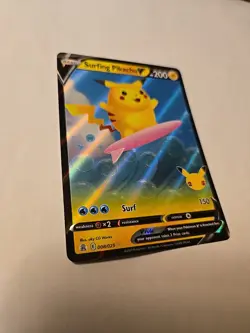 Pokemon TCG Surfing Pikachu v Holo Rare Card 008/025 Celebrations 2021 - Image 3