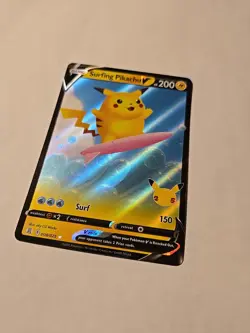 Pokemon TCG Surfing Pikachu v Holo Rare Card 008/025 Celebrations 2021 - Image 4