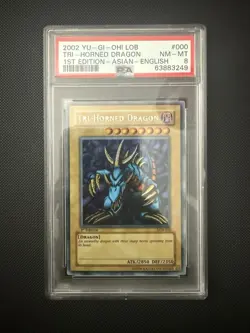 Yugioh Asian-English Tri-Horned Dragon LOB-000 Legend of Blue Secret Rare PSA 8 - Image 1