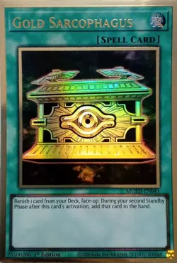 MGED-EN041 GOLD SARCOPHAGUS PREMIUM GOLD RARE 1ST EDITION YuGiOh CARD - Image 1