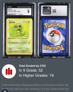 Pokemon 1999 Base Set 1st Ed Shadowless Caterpie Card CGC 9 Mint - Image 3