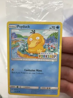 Build a Bear Pokemon Card Psyduck Promo Trading TCG SEALED NEW RARE Crimp Error - Image 1