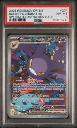 2025 POKEMON DRI EN-DESTINED RIVALS #234 TEAM ROCKET'S CROBAT EX PSA 8 - Image 1