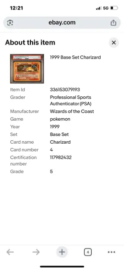 Pokemon TCG Charizard 1999 Base Set Holo Graded Psa 5 #04/102 with bumper guard - Image 4