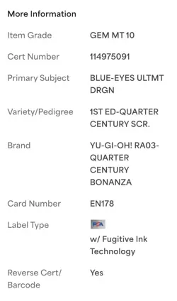 PSA 10 Yu-Gi-Oh Blue-Eyes Ultimate Dragon RA03-EN178 Quarter Century Secret Rare - Image 5
