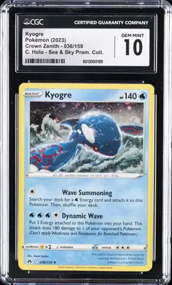2023 POKEMON CROWN ZENITH #036/159 KYOGRE CGC 10 GEM MINT - Image 1