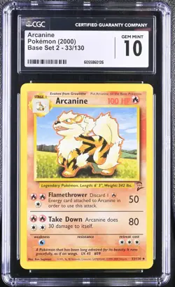 CGC 10 GEM MINT Arcanine 2000 Base Set 2 33/130 Pokemon Card - Image 1