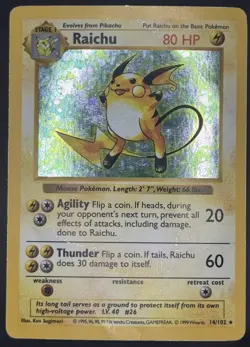 Pokemon TCG Raichu Base Set Shadowless Holo WOTC 14/102 HP - Image 1