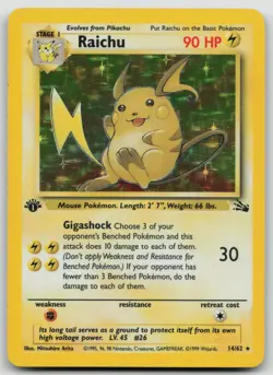 Raichu 1st edition 14/62 Fossil Holo Pokemon Card LP - Image 1