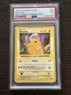 1999 Pokemon Base Set Red Cheeks Pikachu Card 58/102 Shadowless, PSA 7 NM - Image 1