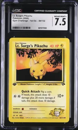 CGC 7.5 NM Lt. Surge's Pikachu Gym Challenge 1st Edition 84/132 Pokemon Card - Image 1