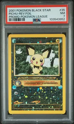 2001 POKEMON PROMO BLACK STAR POKEMON LEAGUE #35 PICHU-REVERSE FOIL PSA 7 - Image 1