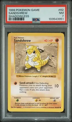 1999 POKEMON BASE SET SHADOWLESS #62 SANDSHREW PSA 7 - Image 1