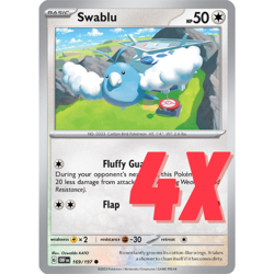 4X Pokemon TCG Swablu 169/197 S&V Obsidian Flames Regular Playset 2023 NM - Image 1