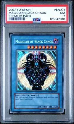 2007 YU-GI-OH! PREMIUM PACK #EN001 MAGICIAN OF BLACK CHAOS PSA 7 - Image 1