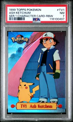 1999 TOPPS POKEMON SER 1 CHARACTER CARDS RAINBOW #TV1 ASH KETCHUM PSA 7 - Image 1
