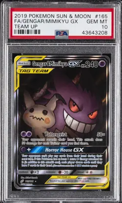 2019 POKEMON SUN & MOON TEAM UP #165 FULL ART/GENGAR & MIMIKYU GX PSA 10 - Image 1