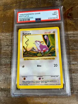 1999 Pokemon Game Base RATTATA SHADOWLESS #61 PSA 9 Mint RARE - Image 1