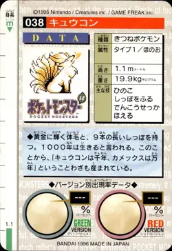 Ninetales Carddass 1996 Vintage Pokemon Pocket Monsters Vending Card B63 NM - Image 2