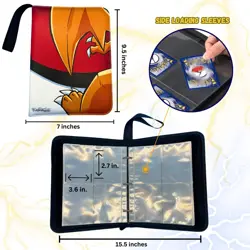 Trading Card Binder Pokemon 4 Pocket 400 Card Sleeves Leather, Zipper, Strap - Image 5