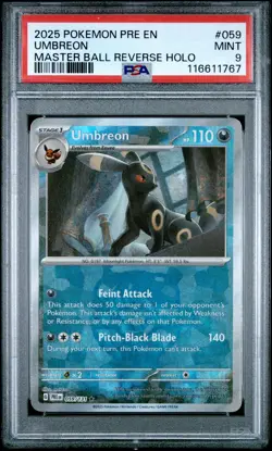 2025 POKEMON PRE EN-PRISMATIC EVOLUTIONS MASTER BALL REVERSE HOLO UMBREON PSA 9 - Image 1