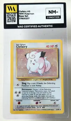 Clefairy 5/102 Pokemon Card TCG Base Set Unlimited Holo WAG Certified Nm- - Image 1