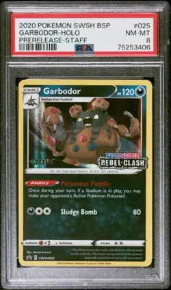 2020 POKEMON BLACK STAR PROMO 025 GARBODOR HOLO PRERELEASE STAFF PSA 8 NM - Image 1