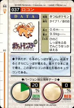 Vulpix Carddass 1996 Vintage Pokemon Pocket Monsters Vending Card B63 MP - Image 2