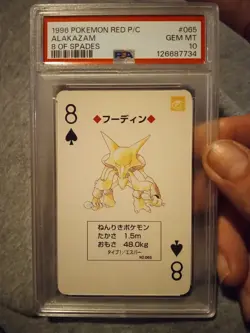 1996 POKEMON RED POKER CARD #065 ALAKAZAM PSA 10 GEM MINT 8 OF SPADES - Image 1