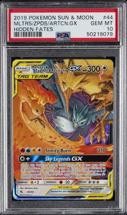 2019 POKEMON SUN & MOON HIDDEN FATES #44 MOLTRES & ZAPDOS & ARTICUNO GX PSA 10 - Image 1