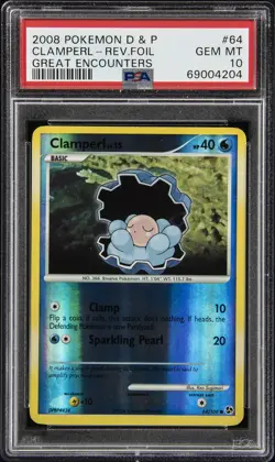 2008 POKEMON DIAMOND & PEARL GREAT ENCOUNTERS #64 CLAMPERL-REVERSE FOIL PSA 10 - Image 1