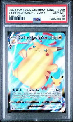 2021 POKEMON CELEBRATIONS SURFING PIKACHU VMAX FULL ART 009/025 PSA 10 GEM MINT - Image 1