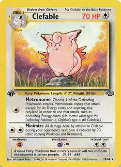 Vintage 1999 Clefable 17/64 Jungle Rare 1st Edition English Pokemon TCG Card - Image 1