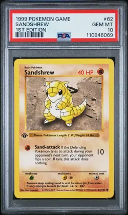 1999 POKEMON BASE SET 1ST EDITION #62 SANDSHREW PSA 10 - Image 1